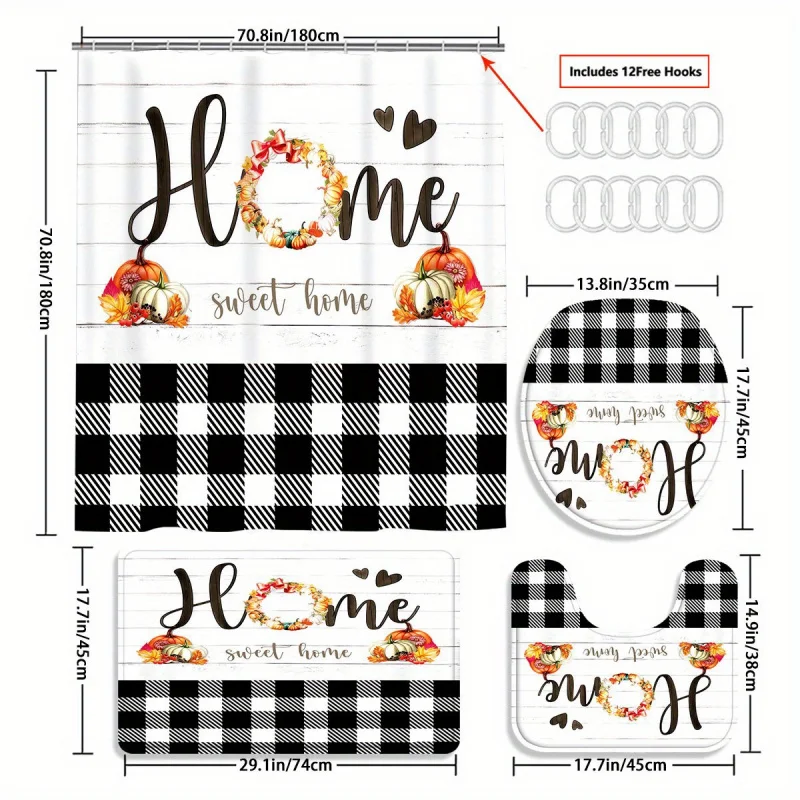 4pcs Hallowmas Pumpkin and Black and White Check Shower Curtain Gift Modern Home Bathroom Decoration Curtain and Toilet Flo