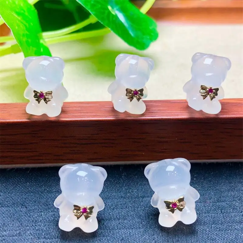 

5PCS Natural White Agate Cartoon Bear Carving Pendant Necklace Crystal Carved Figurine Gift Fashion Jewelry For Women 14MM