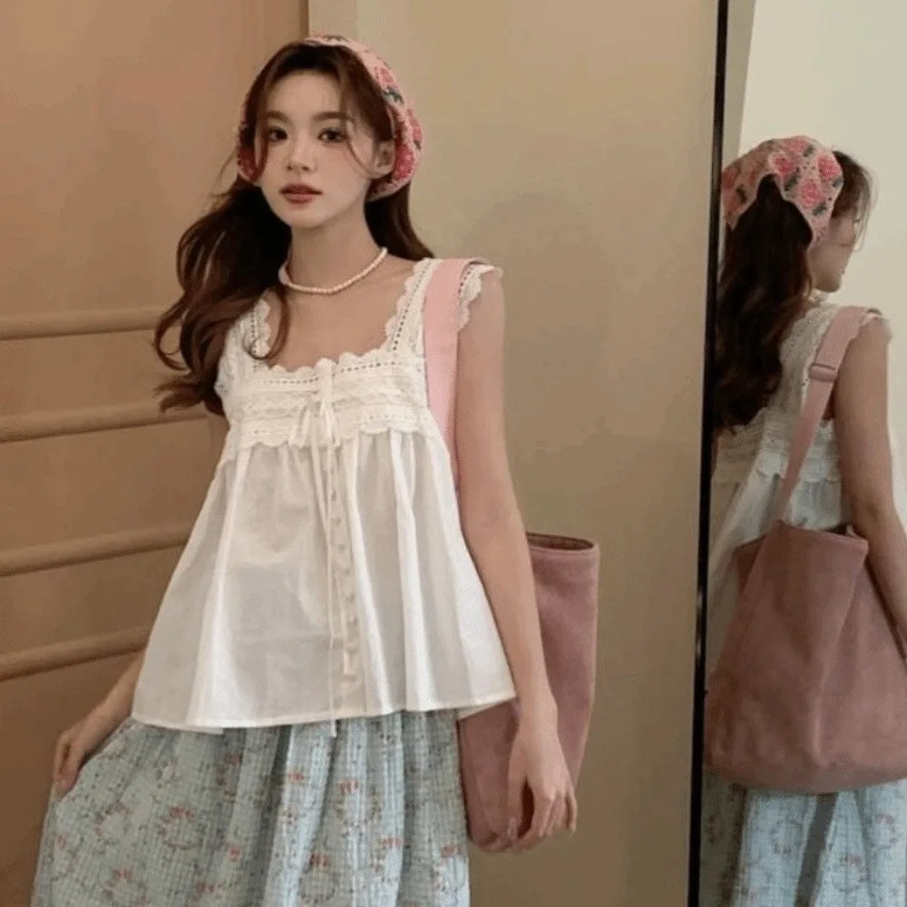

Sweet Square Neck Lace Camisole Slim Fit Sleeveless Crop Tops Ruffled Streetwear Suspender Vest Outdoor