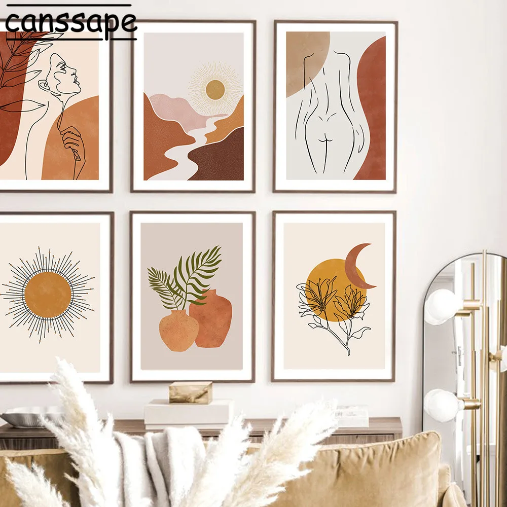 Abstract Posters Line Face Body Wall Art Print Sun Moon Canvas Painting Nordic Poster Boho Wall