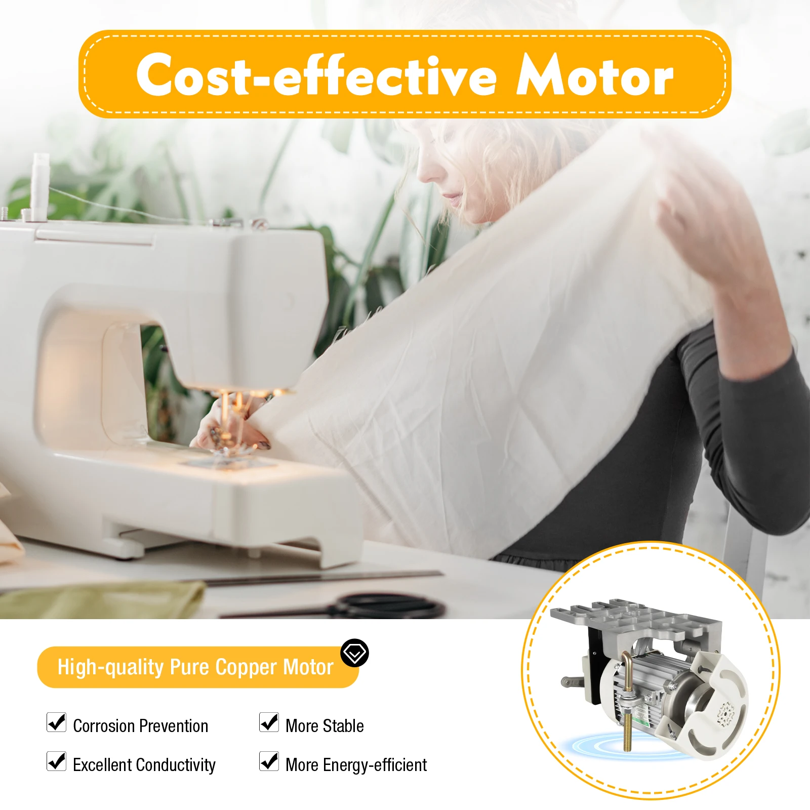 

Pure copper brushless electric motor, 500-4500rpm speed control, 100 stitches/min, low noise, energy-efficient for long-term sew