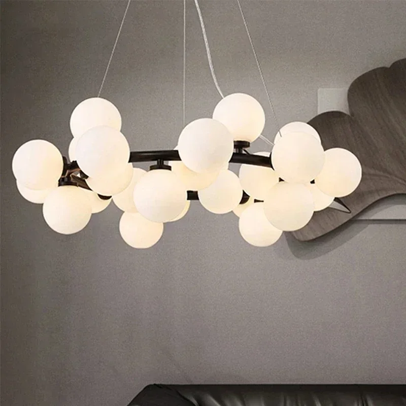 

Nordic Round LED Chandelier Glass Ball Gold Black Pendant Lamp Restaurant Kitchen Living Room Ring Home Decor Lighting Fixtures