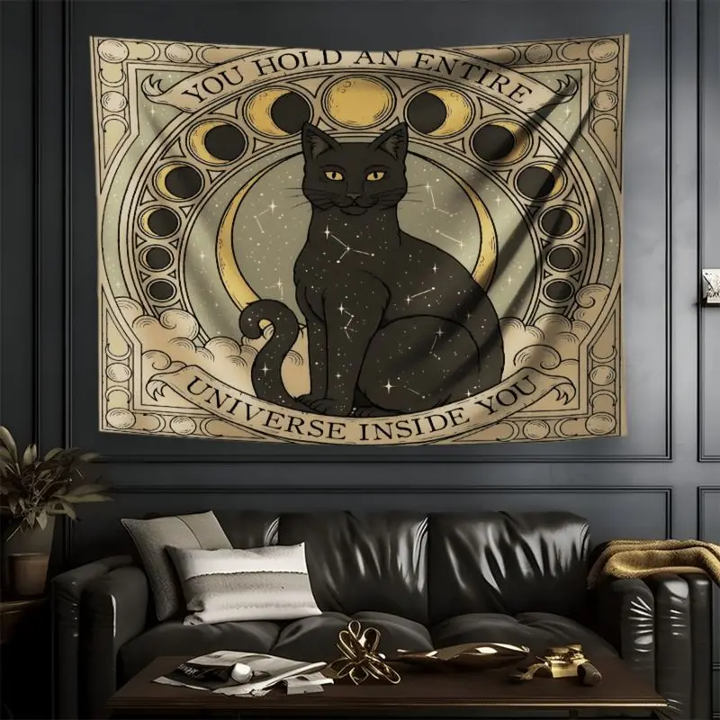 VIKAMA Tarot Black Cat Wall Tapestry Moon Phase Celestial Pattern For Living Room Bedroom Vintage Wall Cloth Home Decor