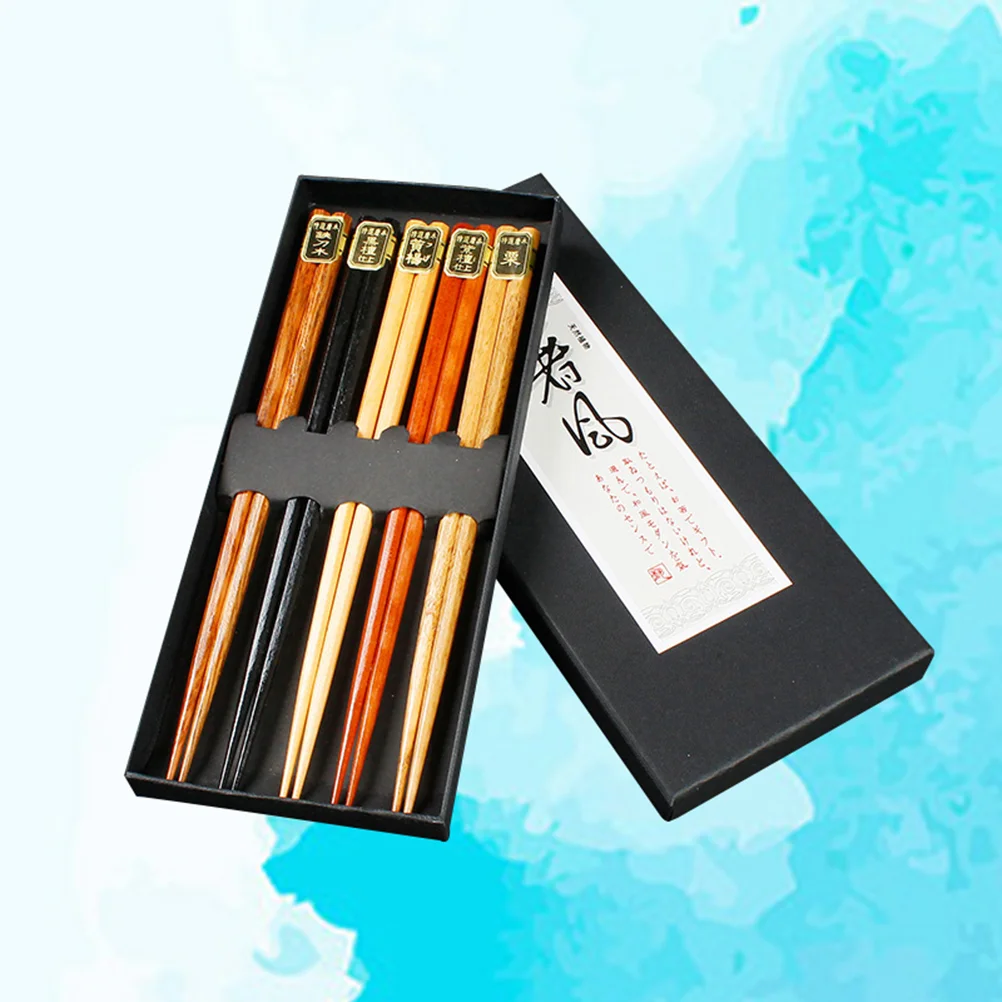 

5 Pairs Wooden Chopsticks Set Japanese Style Reusable Anticorrosive Mouldproof Food Grade Paint Five Colors Household Storage