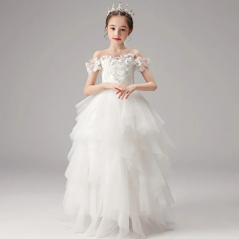 

Flower Girls Lace Tutu Dress Long Princess Dresses Children Cold Shoulder Very Elegant Evening Gown Graduation Party Dress