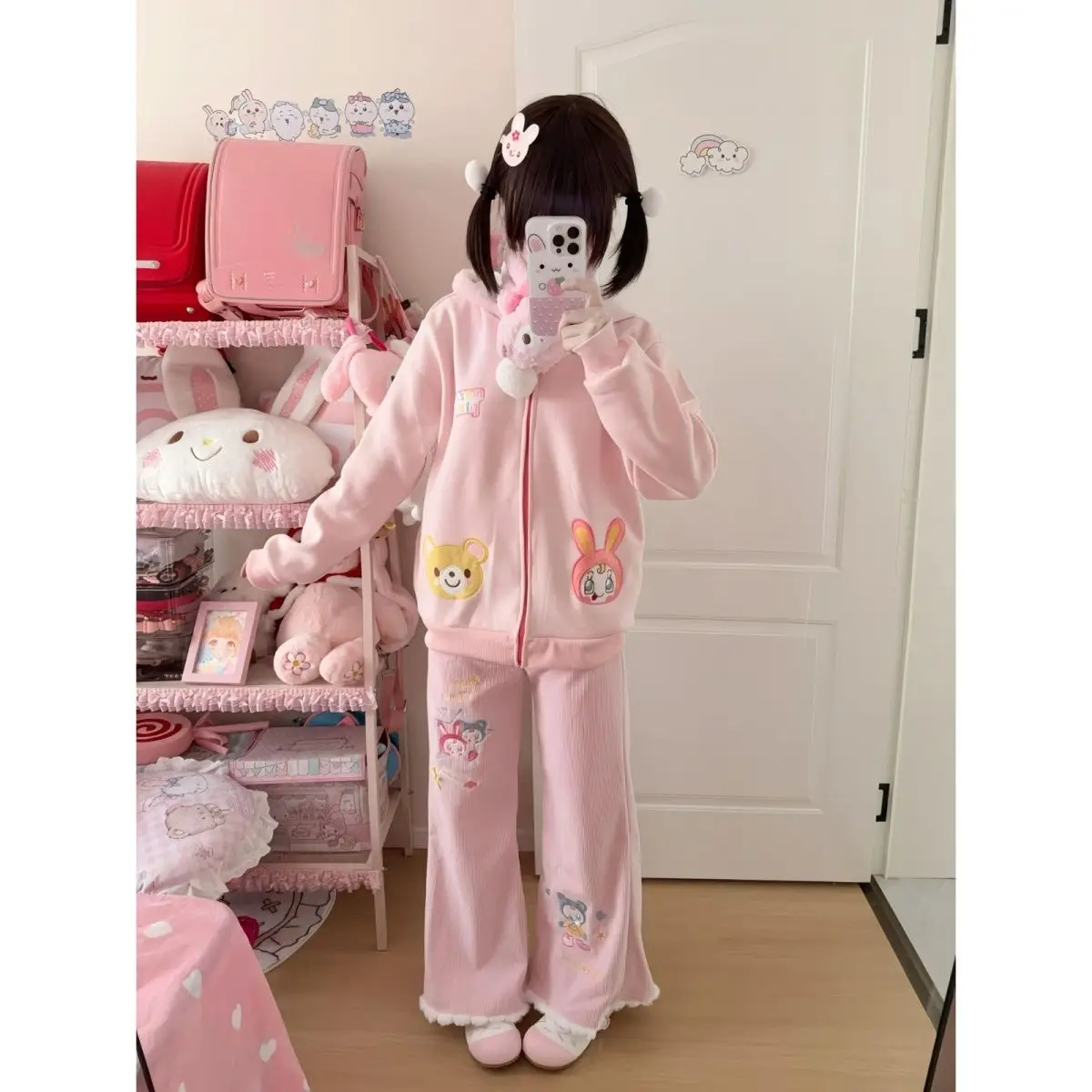 Japanische süße Cartoon-MP-Zweiteiler-Sets für Damen, Kapuzenpullover mit Reißverschluss + Cord-Stickerei, lockere Hose mit weitem Bein, Y2k-Anzüge