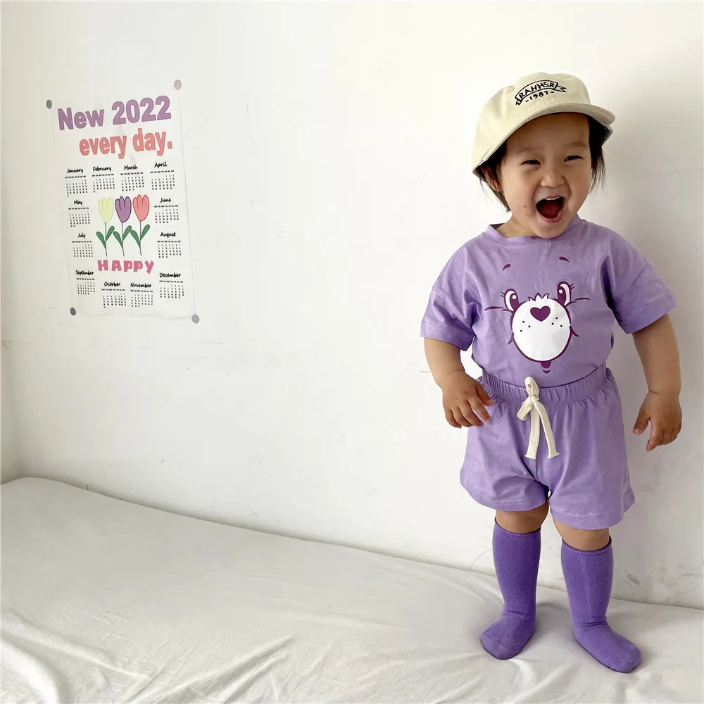 2024 New Korean Kids Short Sleeve Suit Cartoon Bear Girls Boys Set Summer Tops + Short Baby Clothes Children\'s Wear 0-5 Years