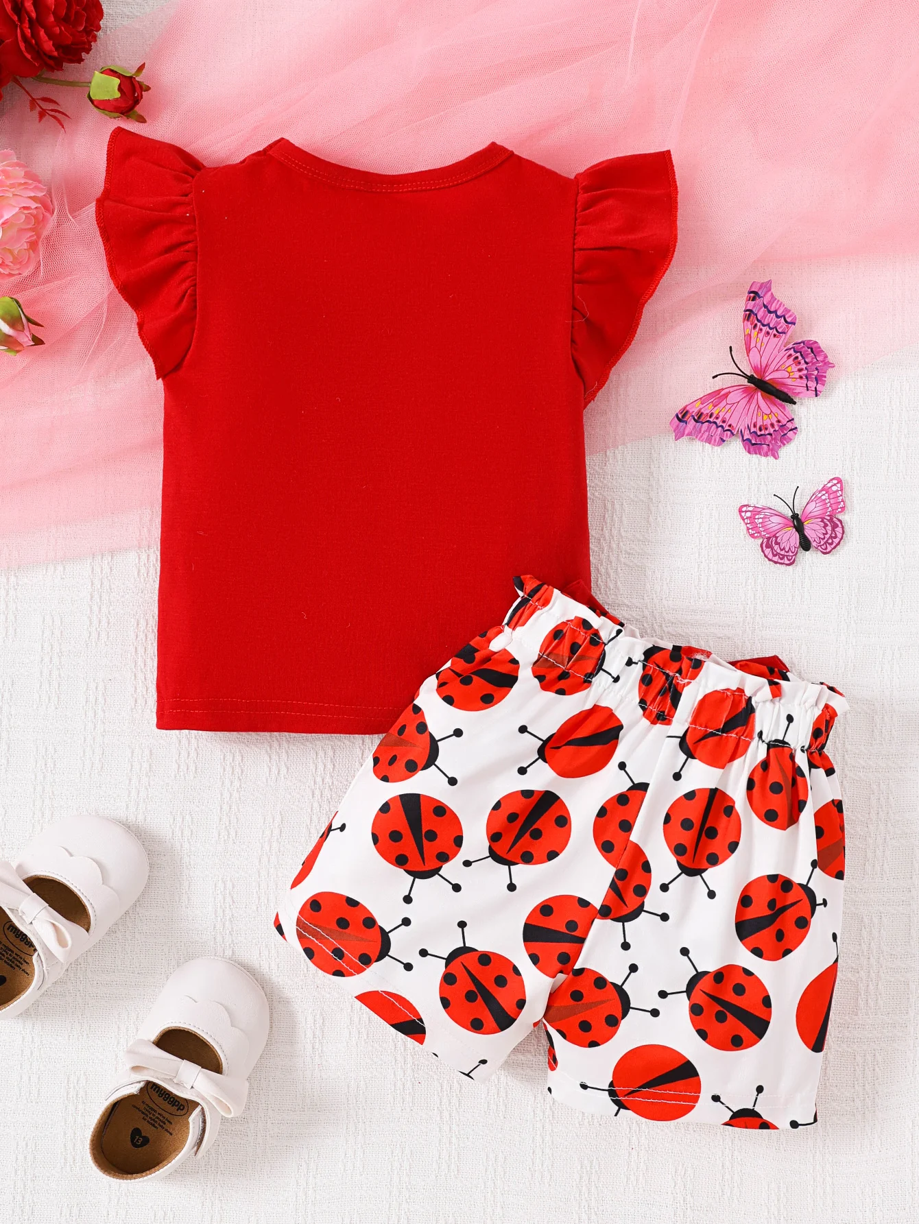 Ensemble t-shirt à manches courtes et Short à nœud papillon pour bébé fille de 0 à 24 mois, imprimé coccinelle, à volants