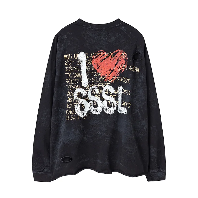 Sssaint Louis Portrait Lettering Heart Graffiti Print Washed Vintage Damaged Casual Men's and Women's Long-Sleeved T-Shirt