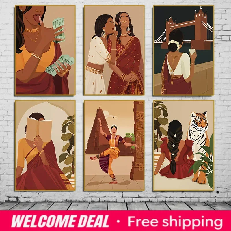Indian Woman in Saree Reading Book Portrait Canvas Poster South Asian Girl Illustration Nordic Wall Pictures Home Room Decor