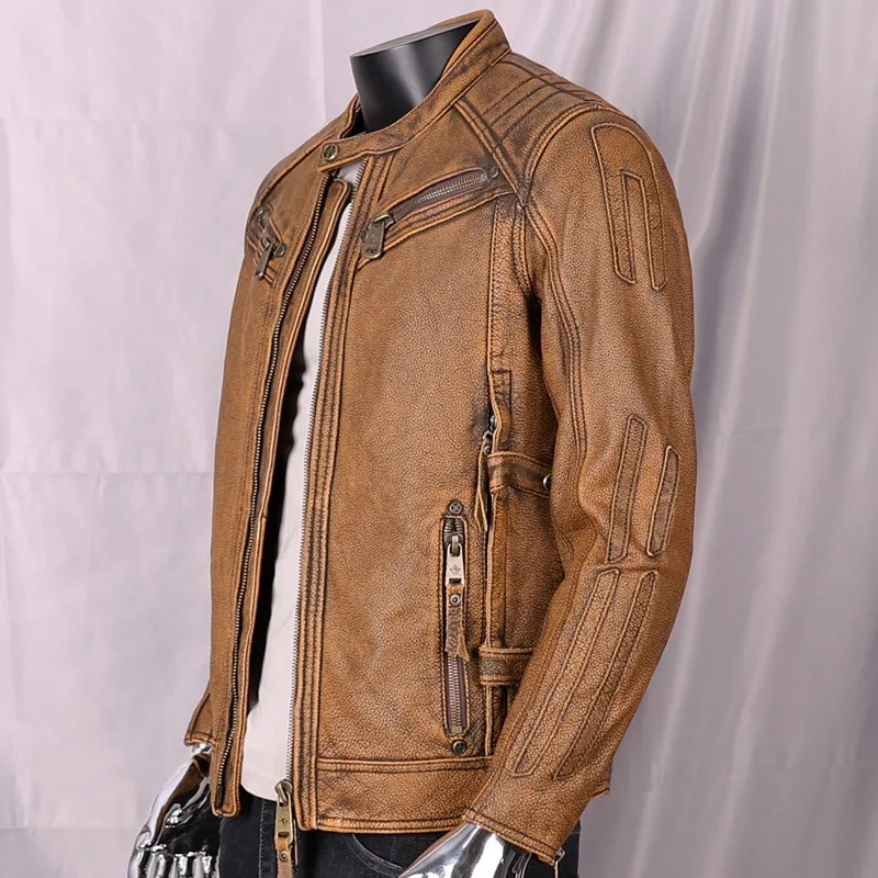 2024 New AutumnCowhide Motorcycle Suit Slim Leather Jacket Men's Short Standing Collar Male Riding Vintage To Do Old Colthing