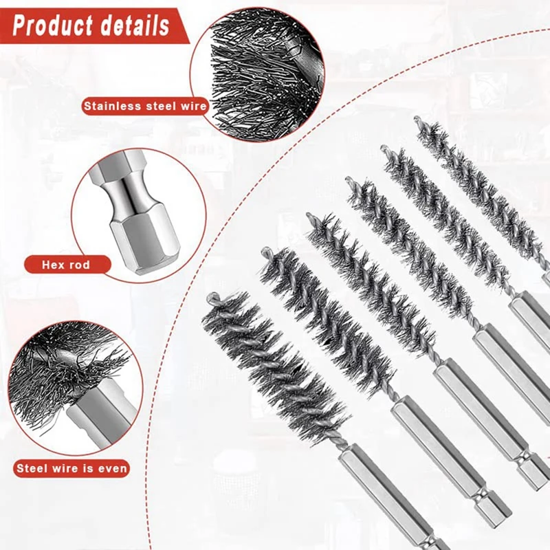 Bore Brush With Handle 1/4 Inch Hex Attachment Drill Brush Set For Tubes Ports Bearings