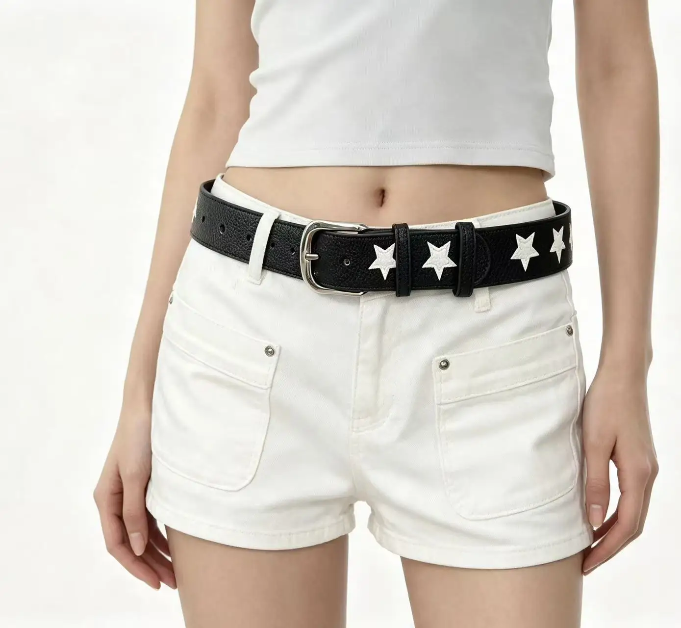 Women Y2K Star Pattern PU Leather Belt Vintage Metal Pin Buckle Waist Belt Cute Star Embossed Decorative Belt for Jeans