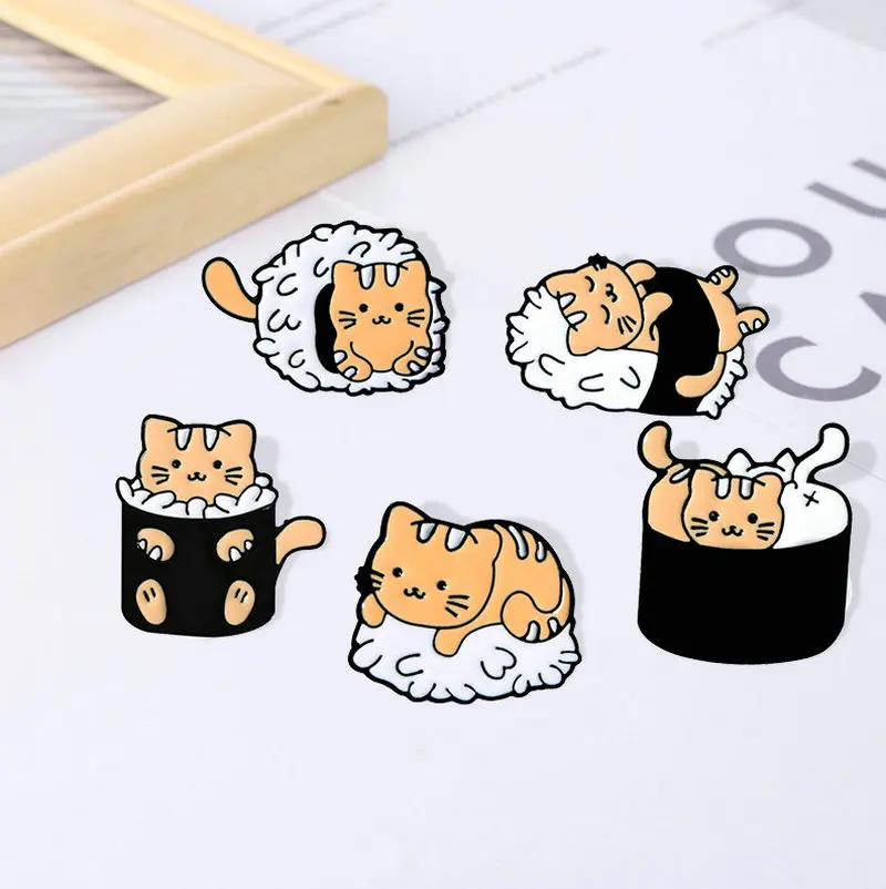 Cat Sushi Rice Ball Enamel Pins Custom Cute Animals Japanese Foods Brooch Lapel Badge Bag Cartoon Jewelry Gift for Kid Friend