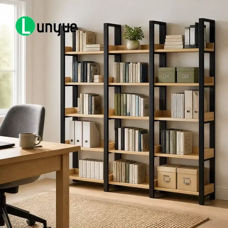 6 Tier Open Bookshelf Black Metal Frame Wood Grain Finish Modern Space Saving Storage Rack for Home Office Apartment Living