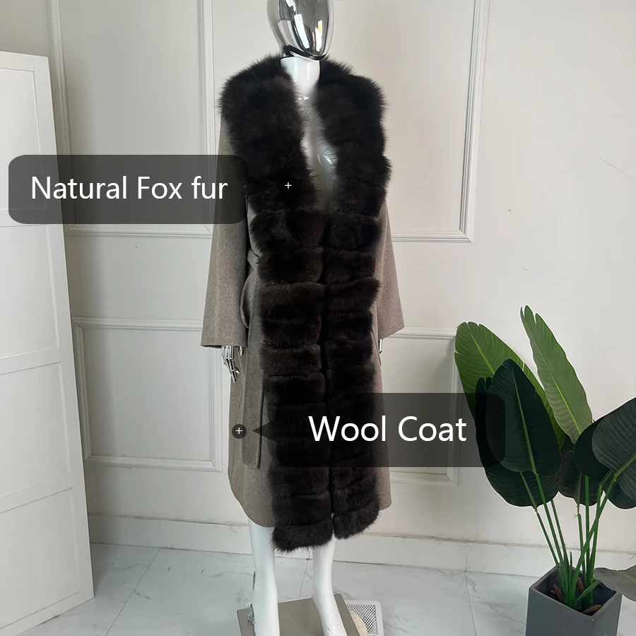 Autumn Winter Removable Oversized Fox Fur Collar Women Wool Coat Long Fur Jacket Luxury High Quality