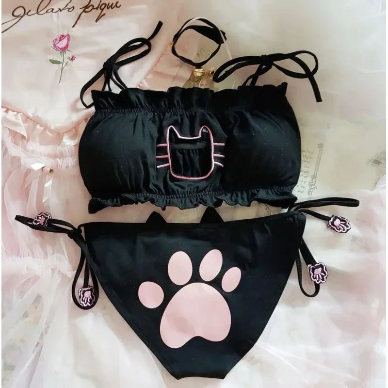 DY20Japanese Anime Cat Girl Cosplay Bra Panties Set Women Sexy Lingerie Underwear Intimates Kawaii Lolita Hollow Out Kitty Night
