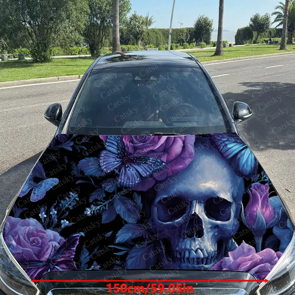 Car Decal Purple-Blue Floral Skull with Butterfly Elements in Dark Gothic Design, Creating a Bold and Enchanting Visual Car Hood