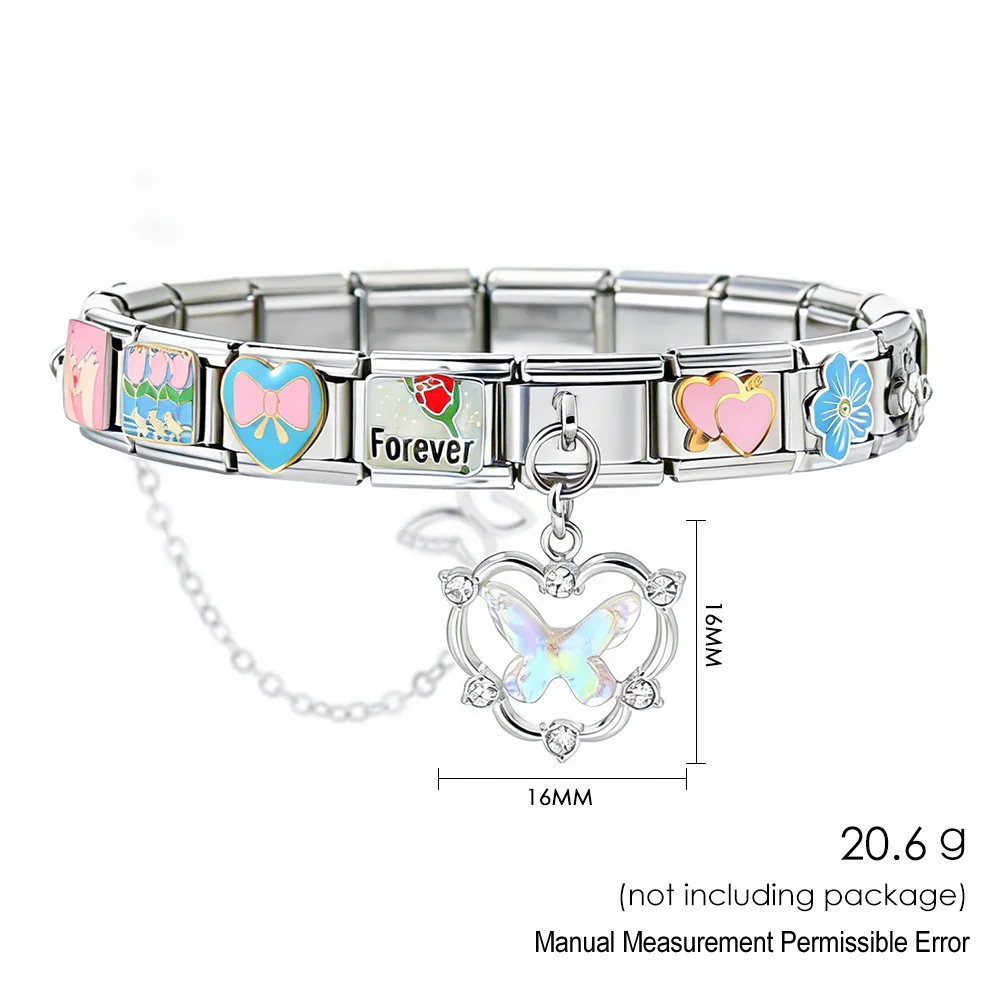 Set 18pcs Pack Valentine's Day Gifts 9mm Italian Charm Butterfly Rose Flower Tool Combination Women DIY Stainless Steel Jewelry