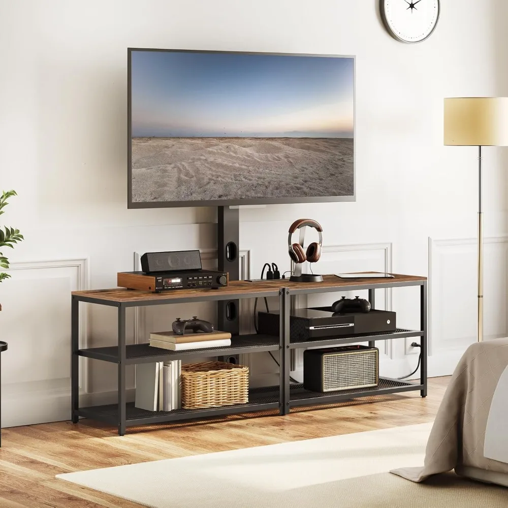 حامل تلفزيون دوار لأجهزة التلفاز مقاس 75 بوصة: مركز ترفيهي مزود بـ 4 منافذ طاقة وحامل