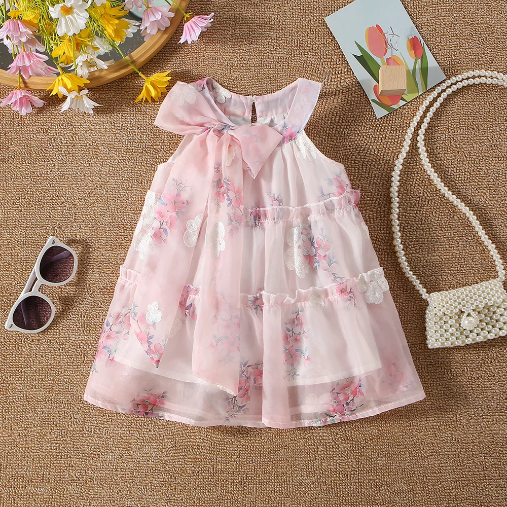 Summer New Baby Girls Dress Ribbon Bow Flower Print Mesh Dress Halter Sweet Princess Dress Birthday Party Dress (0-3 Years)