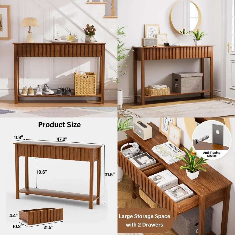 طاولة وحدة تحكم للمدخل على طراز منتصف القرن مع درجين ورف، طاولة أريكة لغرفة المعيشة 47.2 لديكور المنزل الحديث #1