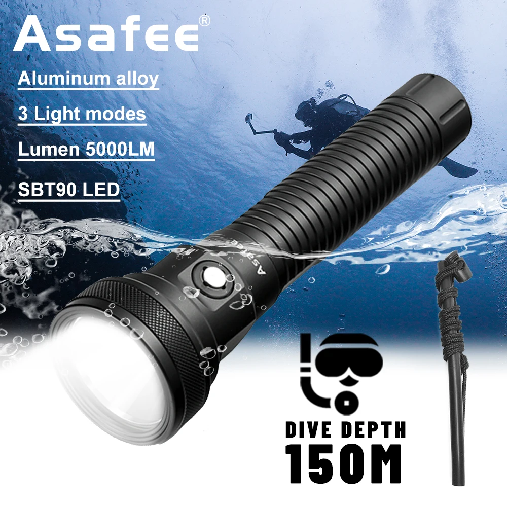 

Asafee DT02 150M Underwater SBT90 LED Light 5000LM Diving Flashlight Press Switch Flashlamp IPX8 Waterproof Scuba Night Torch