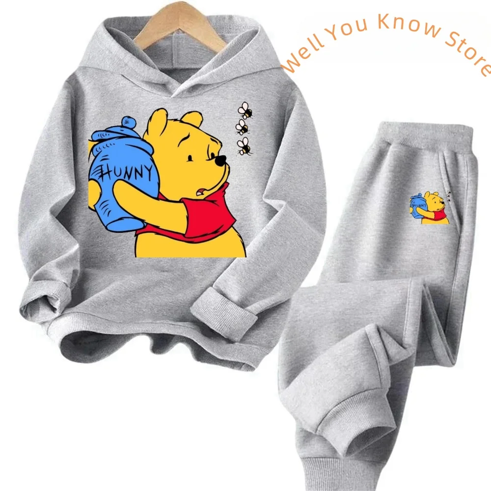 Disney Pooh Winnie Bear Hoodies Set Autumn Children Cartoon Hoodies Tops+Long Pants 2PCS Suit Kids Winnie-the-Pooh Outfits