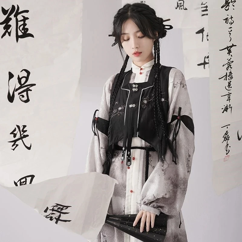 2025 مجموعة hanfu التأثيرية النمط الصيني الجديد الحديث المألوف اليومي hanfu سحر الأدب الفن خمر طقم مكون من قطعتين أسود
