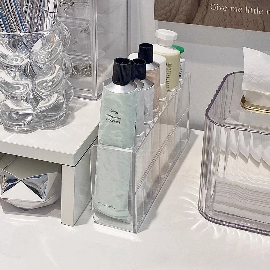 Large Capacity Transparent Multi-Grid Cosmetic Organizer, Narrow Gap Storage Box for Vanity Hand Cream Toothpaste Daily Use