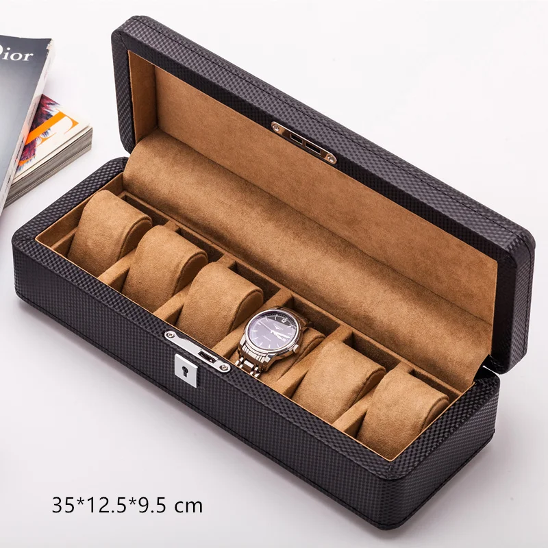 New 6 Slots Leather Watch Organizer Black Watch Display With Lock Jewelry Gift Box Watch Holder For Men Watch Case Storage Box