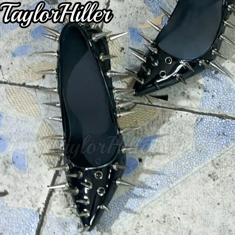 Black Rivets Pointy Toe Pumps Women Slip On Pull On Stiletto High Heels Sexy Punk Dark Style Shoes 2026 Spring Summer New Trend