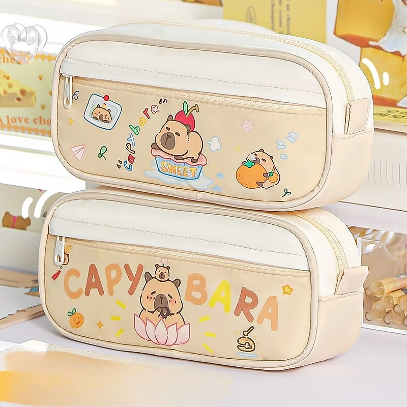 Pen Bag Double Strand Color Matching Cute Style Large Capacity Portable and Multi Layered Stationery Bag