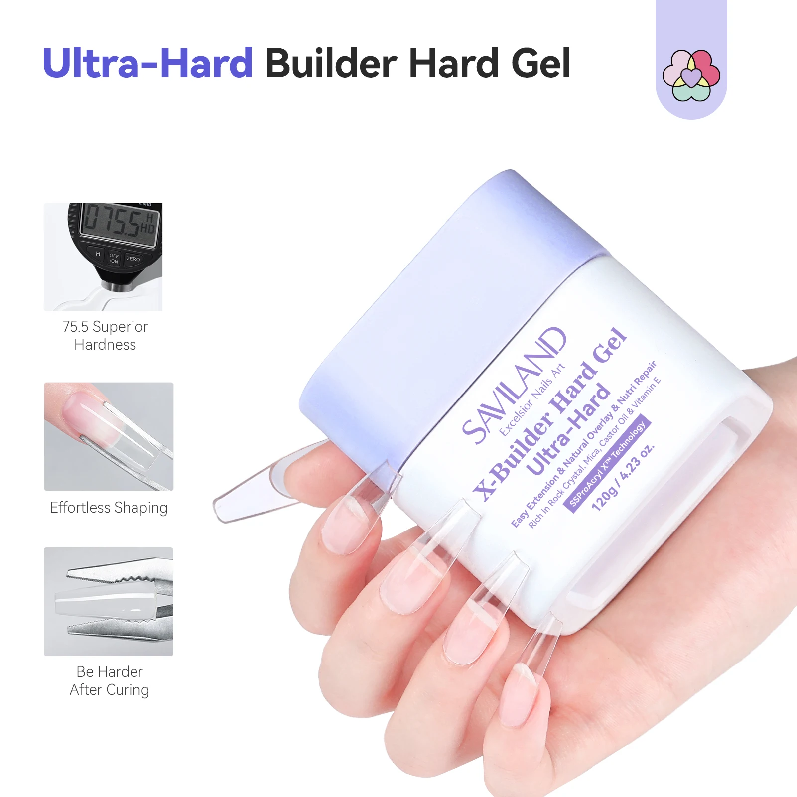 

SAVILAND SSProX Жесткий гель для наращивания, 120 г, прозрачный растительный на основе слюды, витамином Е, касторовое масло для укрепления 3D-наращивания ногтей