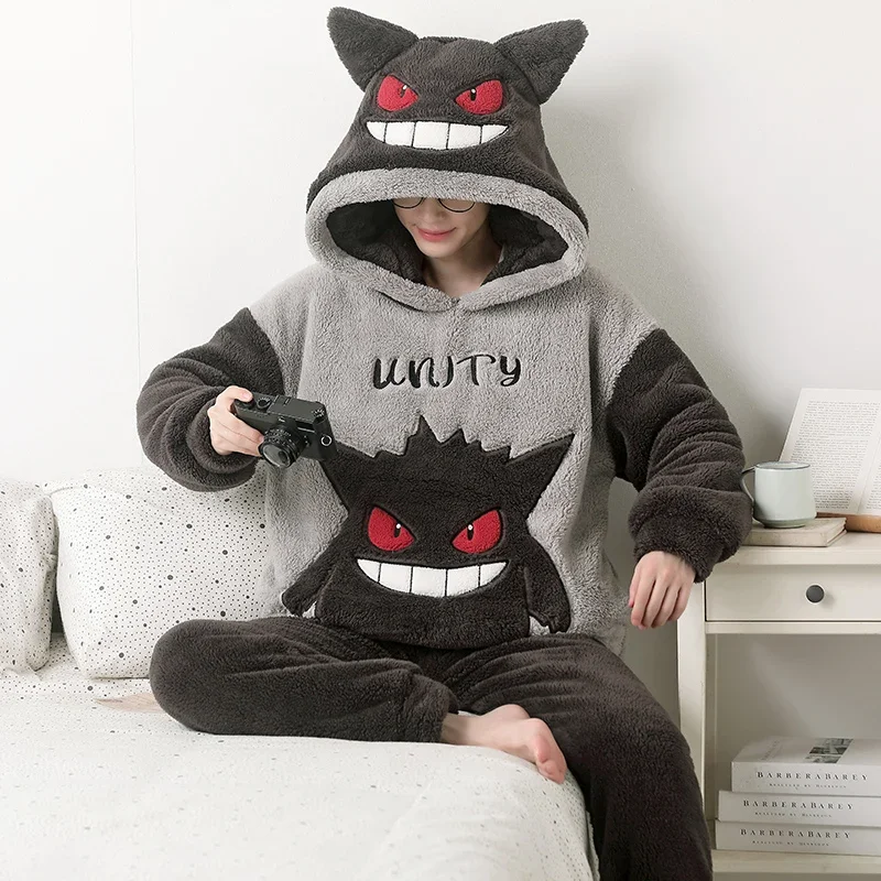 Winter Korean Pijama Sets for Men 2PCS Adult Loose Cartoon Anime Sleepwear Hooded Pyjama Male Loungewear Thicken Soft Pijamas