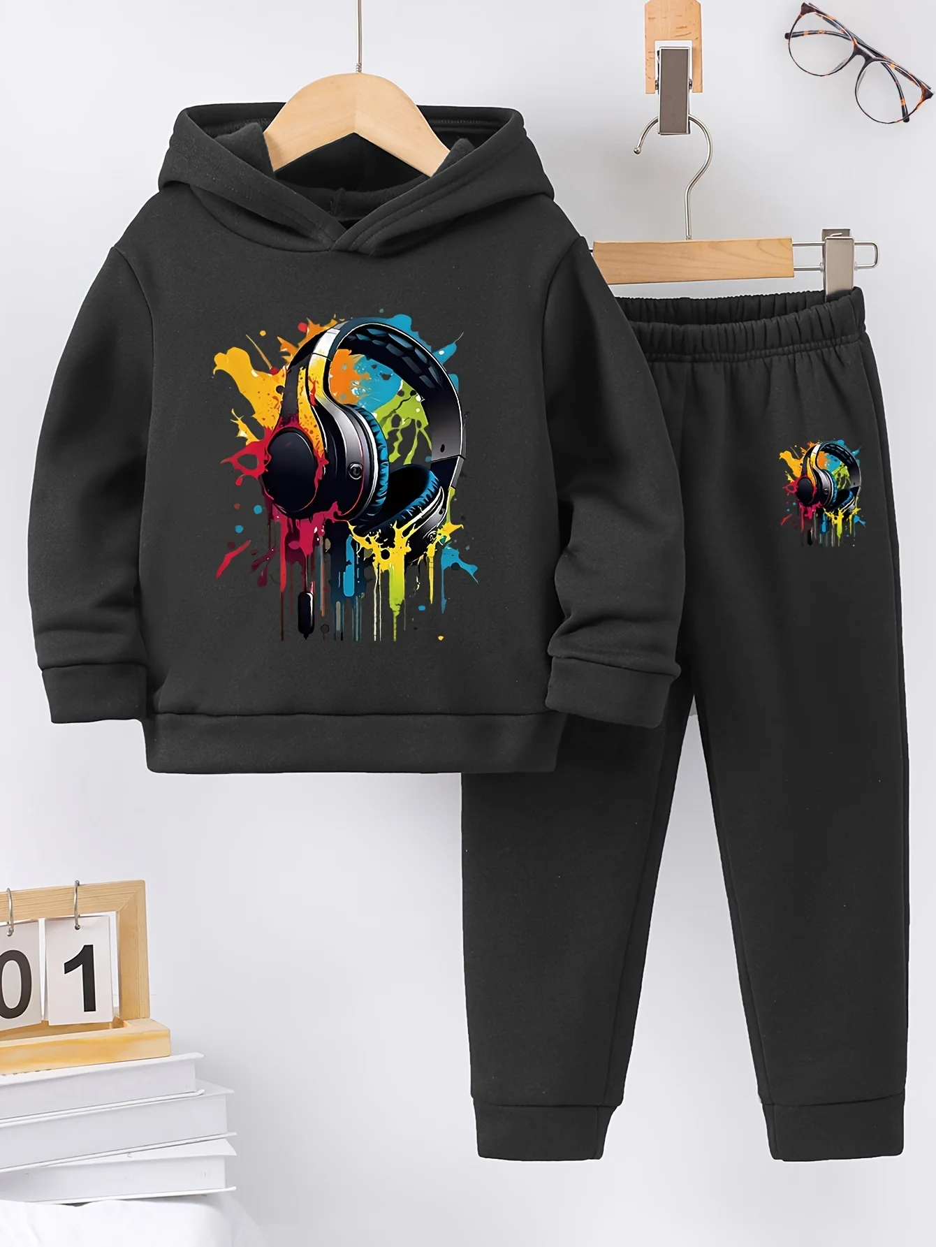 2sets Fall/Winter new casual comfort sports style warm boy print warm lining hoodie and tracksuit pants