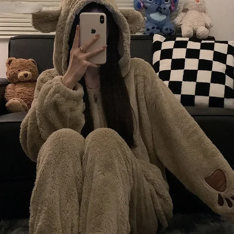 Pajama Sets Women Home Warm Winter Hooded plush Sleepwear Comfortable Casual Plus Velvet Thicker Sweet Girls Lounge All-match