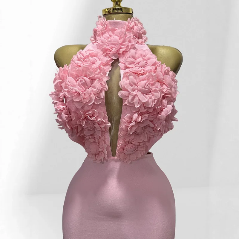 Nowa Kolekcja Damska Sukienka Bodycon z Kwiatowym Wzorem, Seksownym Dekoltem, Odkrytymi Plecami, Wiązana na Szyi, Modna Sukienka Bandage na Imprezę i Wakacje