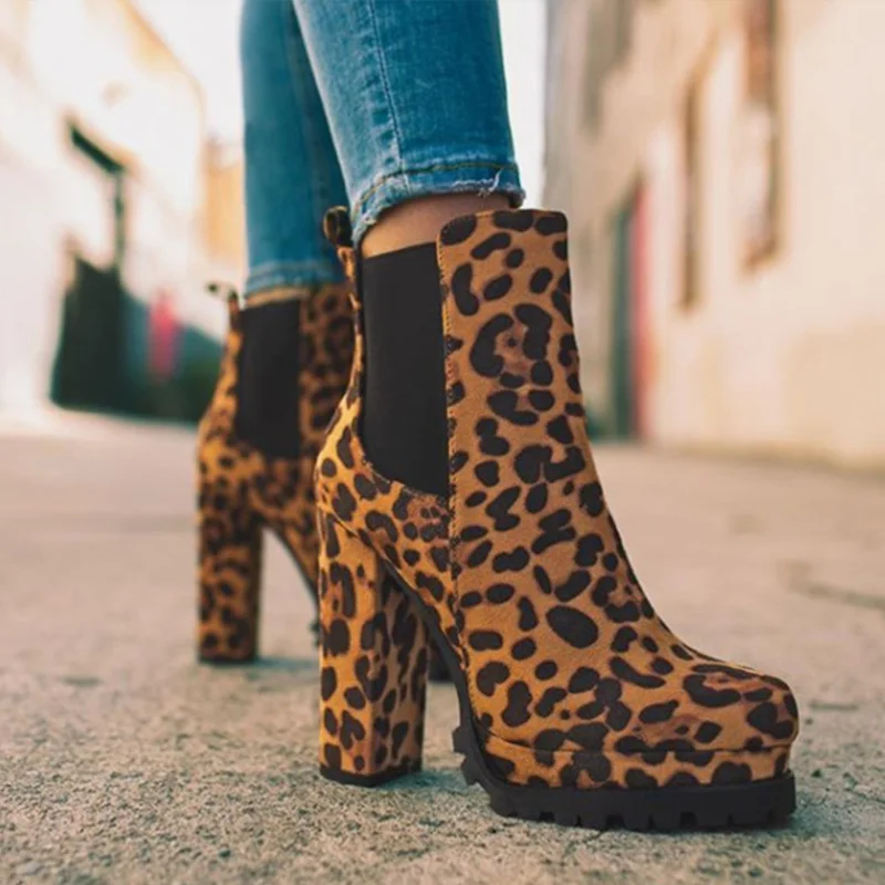 Fashion Women Ankle Boots Flock Leopard Slip On Short Boots Womens High Heels Platform Autumn Shoes Ladies Booties Retro Plus 43