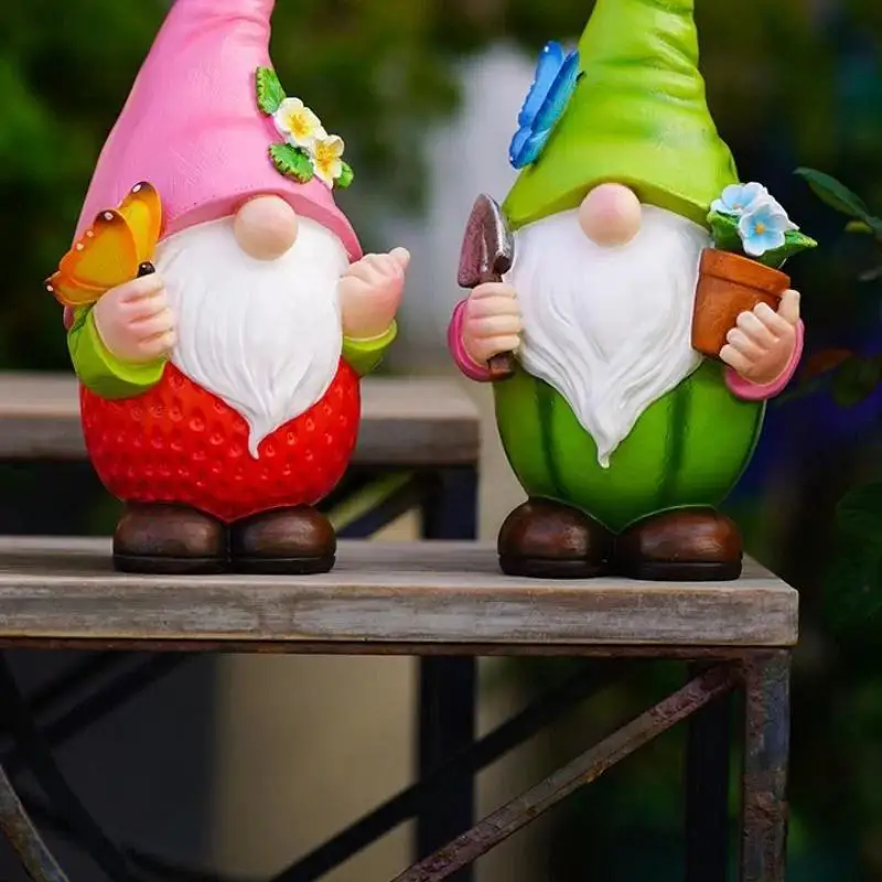 2026 Watermelon Faceless Dwarf Sculpture Resin Solar Lamp Ornaments Outdoor Cute Fruit Spirit Statue Flower Garden Crafts