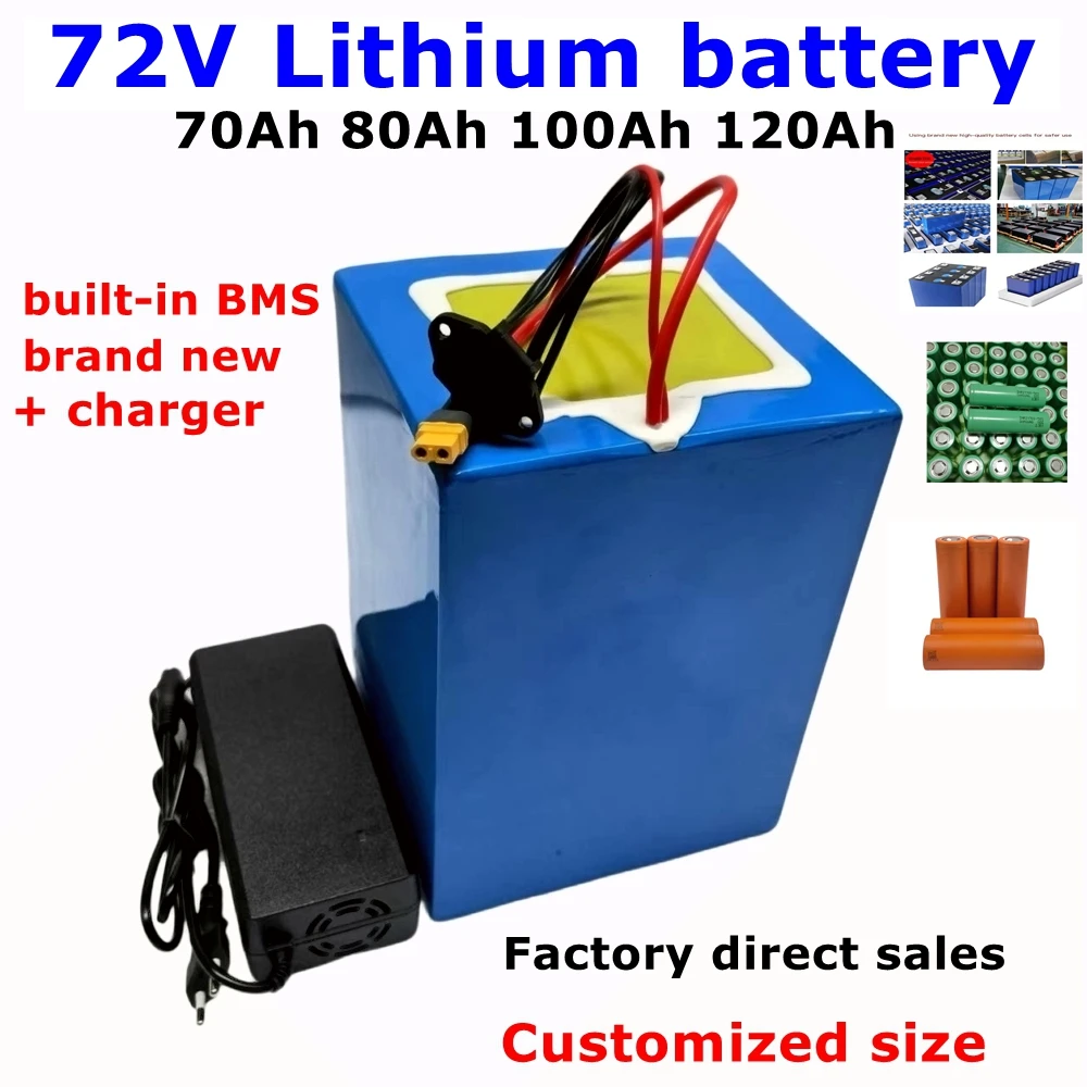 Batterie lithium 72V, 70/80/100/120 Ah, 5000/7000/9000W, avec chargeur 10A, pour vélo et trottinette électrique