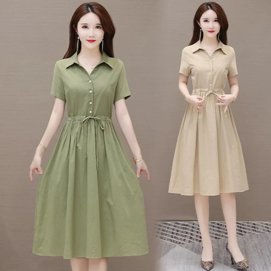 

【New style】Short-sleeved pure color cotton and linen dress for women's summer new niche design all-matching casual waist A-line