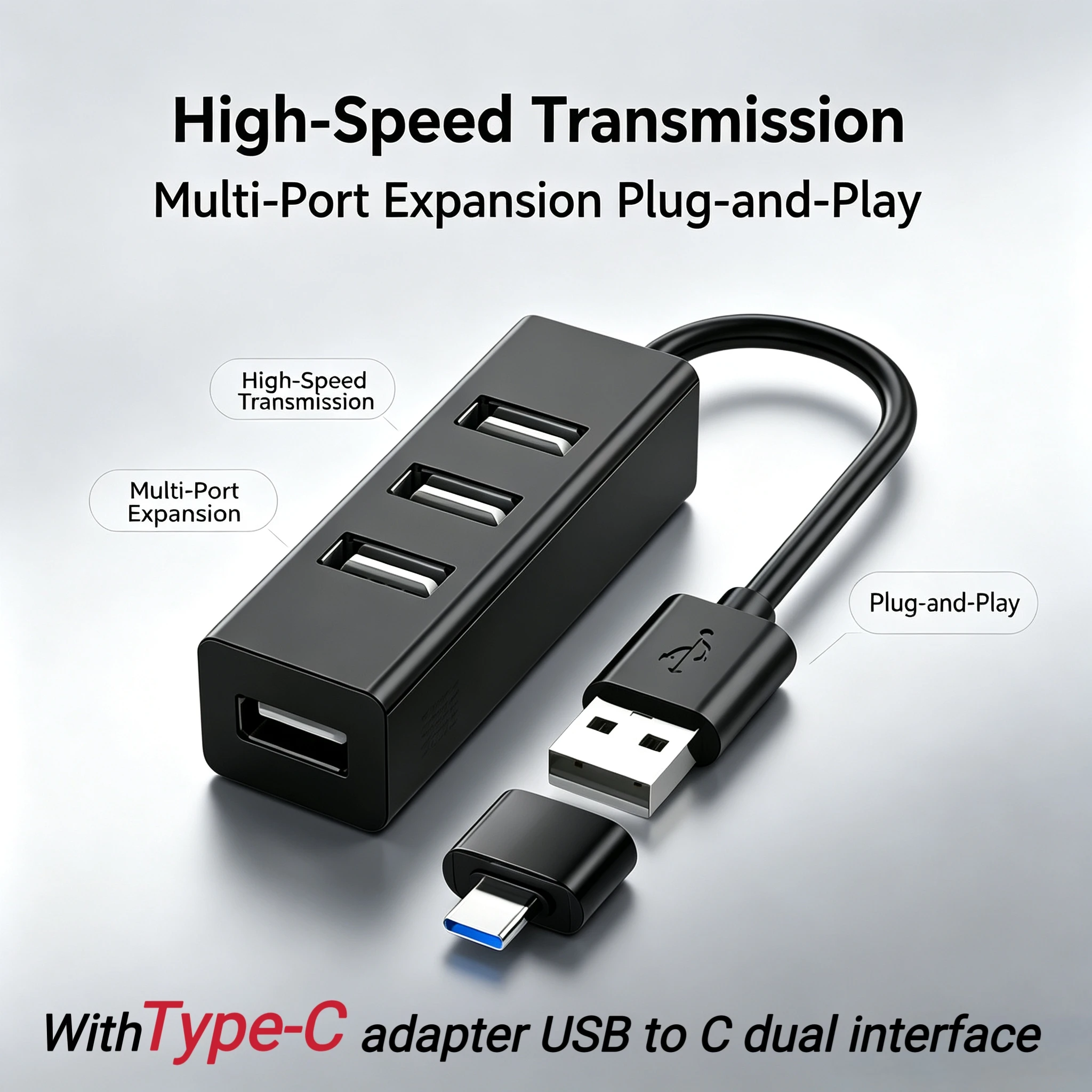 Hub USB 2.0 Multifuncional com Adaptador Divisor USB e Porta Tipo-C, Interface Dupla de Alta Velocidade 4-em-1 para Laptops