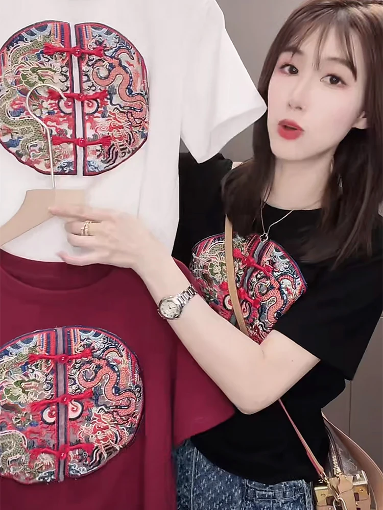 New Chinese Sle Embroidered ort Sve Cotton T-irt Women's Slim Fit Summer New Sle Pure Cotton f Sve Top