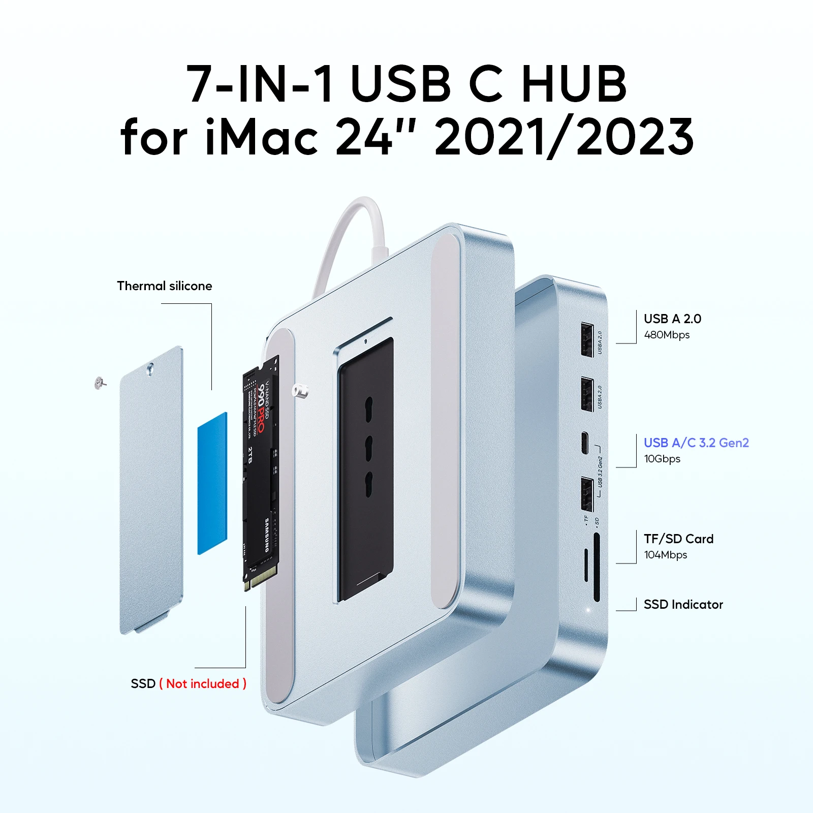 Imagem -02 - Pulwtop-usb c Hub 7-in1 para Imac Suporta Ssd M.2 Nvme Suporta Ssd M.2 Nvme Leitor de Cartão Usb A10gbbps sd tf 24 em 1