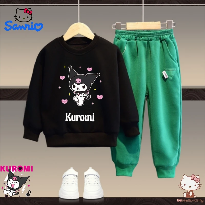 

Осенний комплект детской одежды Sanrio, милые толстовки с принтом Куроми для девочек, пуловер, топ и зеленые штаны, комплект из 2 предметов, детская модная одежда