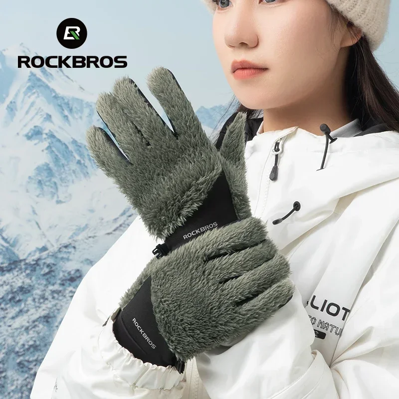 ROCKBROS Autumn Winter Ski Gloves Warm Windproof Gloves Cycling Snowboard Driving Double Layer Fleece-Lined Thickened Gloves