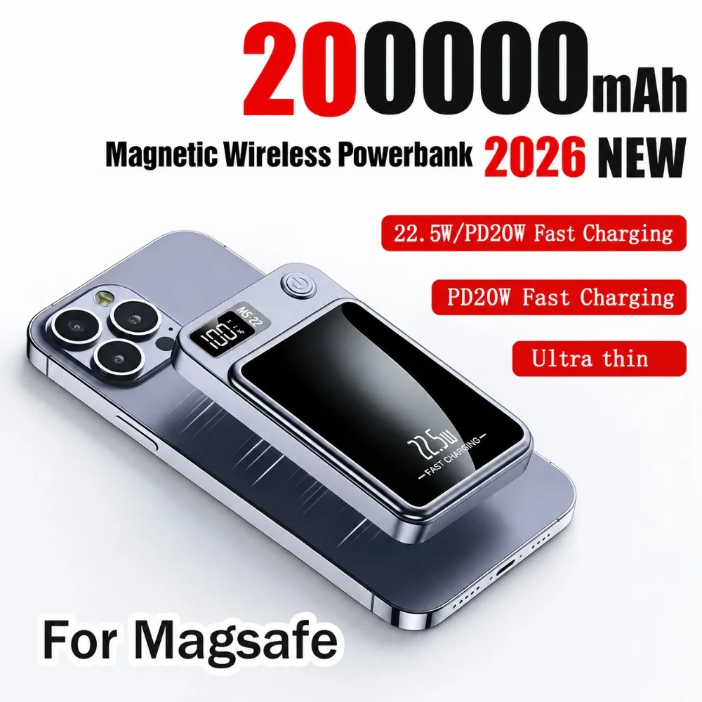 New 200000mAh Magnetic Power Bank Wireless Fast Charger for Magsafe Portable Auxiliary Battery Pack for Iphone Samsung Xiaomi
