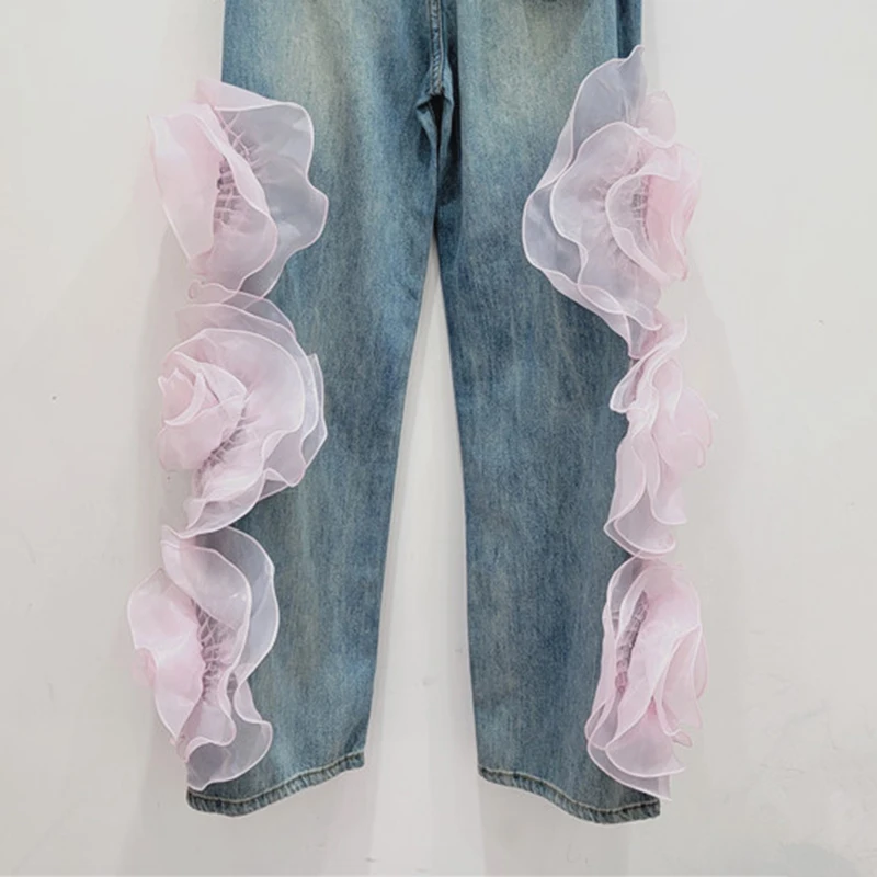 DEAT 2024 New Summer New Three-dimensional Large Flower Decoration Jeans For Women High Waist Wide Straight Denim Pants 11A0126