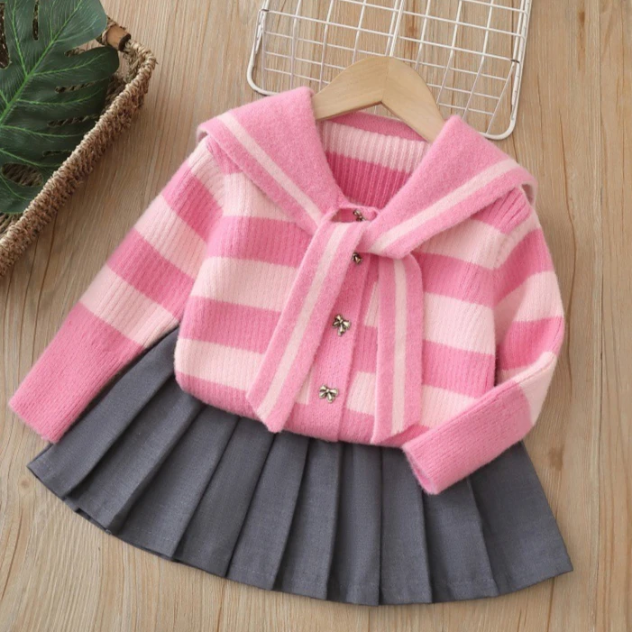 Meninas terno 2025 outono e inverno novas roupas infantis meninas bebê preppy jumper saia dois conjuntos de casual simples adorável